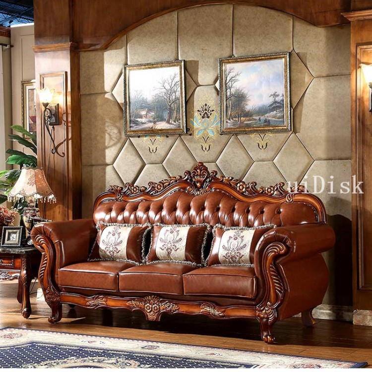 Solid Wood Leather Sofa Classical, Carved Wood Leather Sofa
