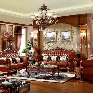 Solid wood leather sofa classical carved decoration living room combination luxury furniture